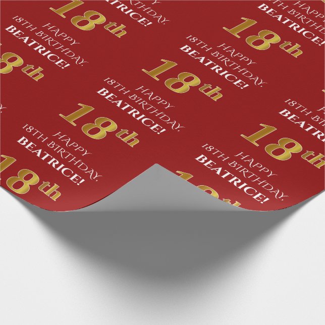 18th Birthday: Elegant, Red, Faux Gold Look Wrapping Paper (Corner)