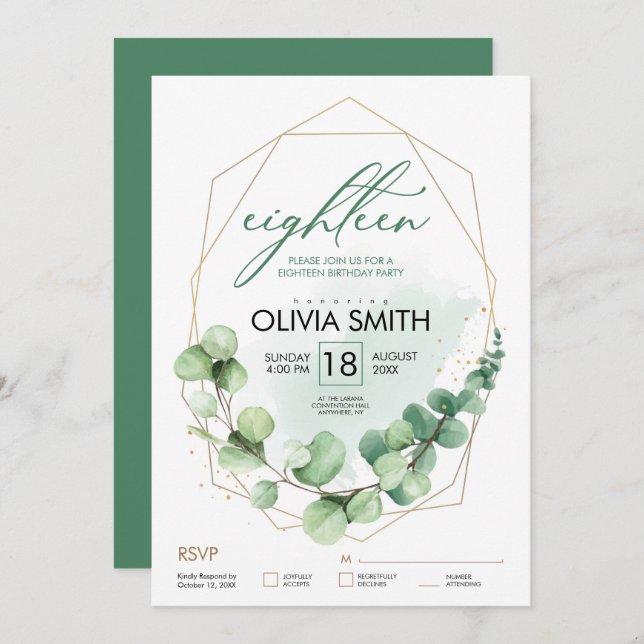 18th Birthday Eucalyptus Elegant Modern Green Invitation (Front/Back)