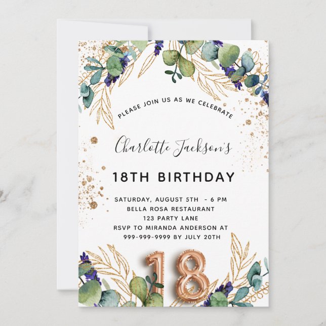 18th birthday eucalyptus greenery glitter elegant invitation (Front)