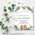 18th birthday eucalyptus greenery glitter elegant  invitation postcard<br><div class="desc">For a 18th birthday party. A white background decorated with eucalyptus greenery and golden leaves. Golden faux glitter spots. Personalise and add your names and wedding details. Black and golden coloured letters. Number 18 is written with balloon style font. Back: white background and golden faux glitter spots, postcard design. Tip:...</div>