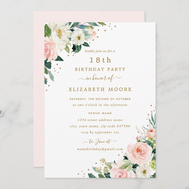 18th Birthday Floral Blush Gold Invitation (Front/Back)