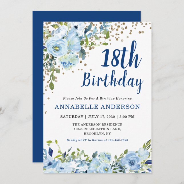 18th Birthday Floral Navy Blue Gold Glitter Dots Invitation (Front/Back)