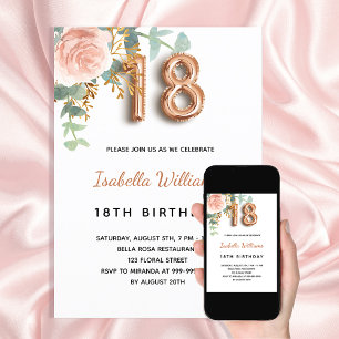 18th birthday floral rose gold eucalyptus greenery invitation