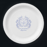 18th Birthday French Blue Floral Crest Custom Paper Plate<br><div class="desc">An elegant French vintage blue floral crest takes centre stage on this timeless custom paper plate. Ornate,  formal and very feminine will make any birthday lady feel very special. Coordinating party supplies are available.</div>