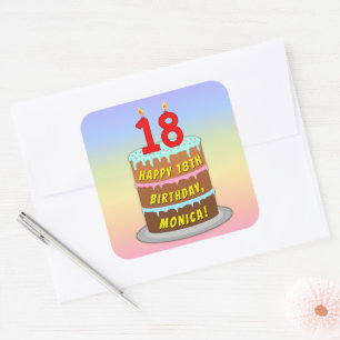 18th Birthday: Fun Cake and Candles + Custom Name Square Sticker