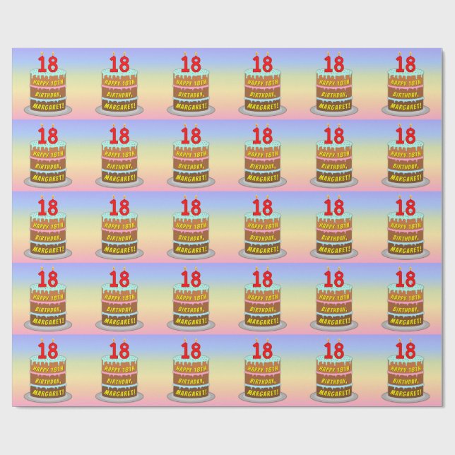 18th Birthday: Fun Cake and Candles + Custom Name Wrapping Paper (Flat)