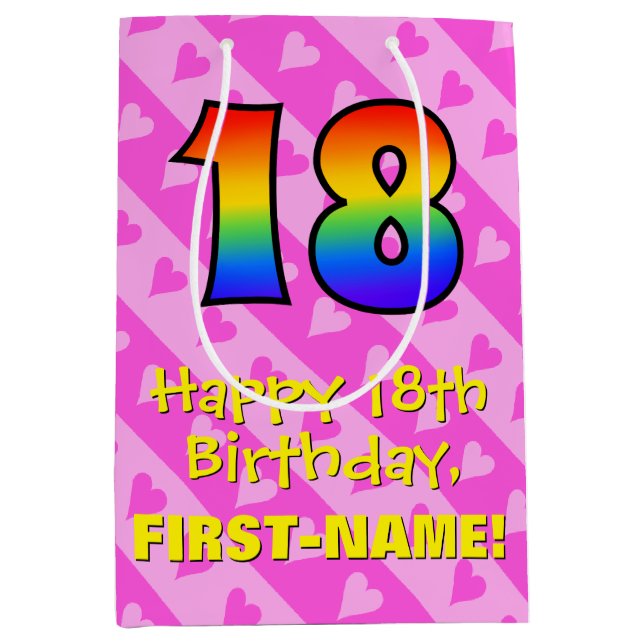 18th Birthday: Fun Pink Hearts Stripes; Rainbow 18 Medium Gift Bag (Front)