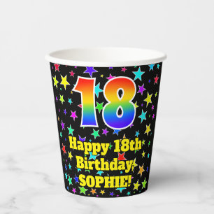 18th Birthday: Fun Stars Pattern and Rainbow 18 Paper Cups