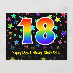 18th Birthday: Fun Stars Pattern, Rainbow 18, Name Postcard