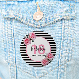 18th birthday girly pink roses black white stripes 6 cm round badge