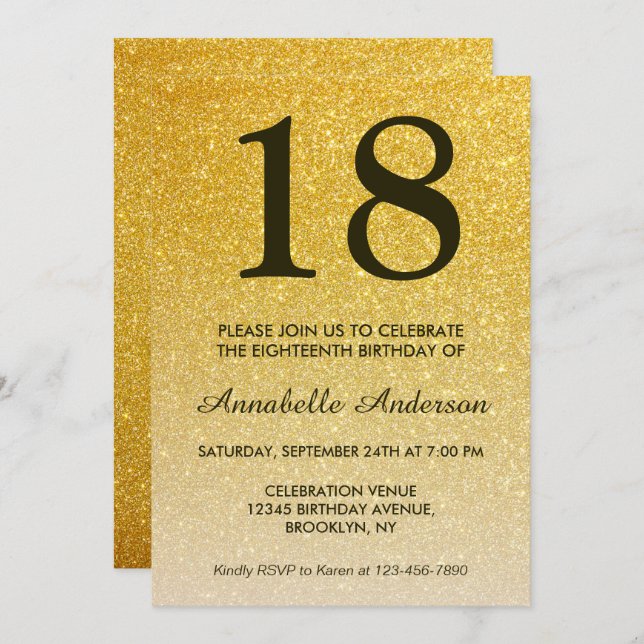 18th Birthday Glam Black Gold Glitter Ombre Invitation (Front/Back)