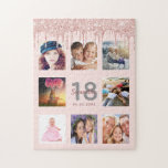 18th birthday glitter drips photo rose gold pink jigsaw puzzle<br><div class="desc">A glamorous and unique 18th birthday gift or keepsake, celebrating her life with a collage of 8 of your photos. Personalize and add a name, age 18 and a date. Gray and dark rose gold colored letters. Elegant and trendy blush pink background color. Decorated with rose gold colored faux glitter...</div>