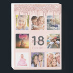 18th birthday glitter drips photo rose gold pink wooden box sign<br><div class="desc">A glamourous and unique 18th birthday gift or keepsake, celebrating her life with a collage of 8 of your photos. Personalise and add a name, age 18 and a date. Grey and dark rose gold coloured letters. Elegant and trendy blush pink background colour. Decorated with rose gold coloured faux glitter...</div>
