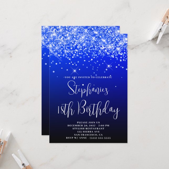 18th Birthday Glittery Blue Navy Black Ombre Invitation (Front/Back In Situ)