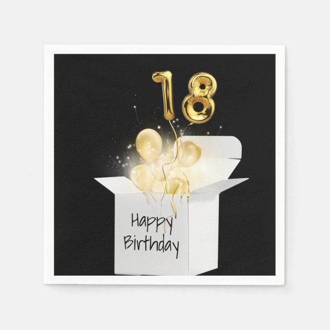 18th Birthday Gold Balloons In White Box  Napkin (Front)