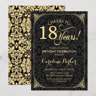 18th Birthday - Gold Black Damask Invitation