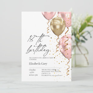 18th Birthday Gold Blush Pink Balloons Modern  Invitation