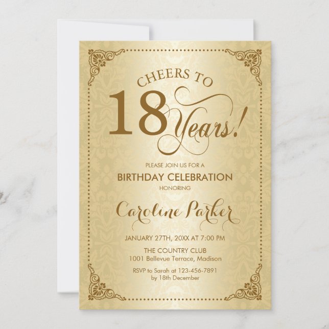 18th Birthday - Gold Damask Invitation (Front)