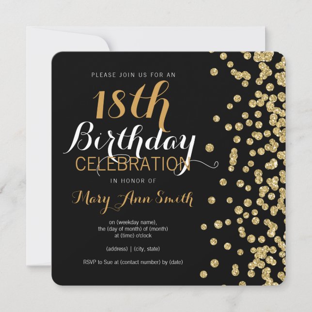 18th Birthday Gold Faux Glitter Confetti Black Invitation (Front)