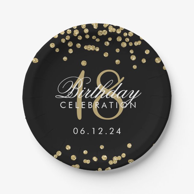 18th Birthday Gold Faux Glitter Confetti Black Paper Plate (Front)