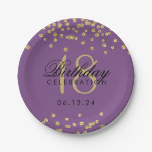 18th Birthday Gold Faux Glitter Confetti Purple Paper Plate