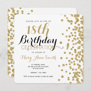 18th Birthday Gold Faux Glitter Confetti White Invitation