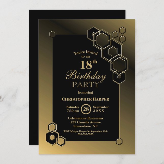 18th Birthday Gold Geometric Frame Party Invitation (Front/Back)