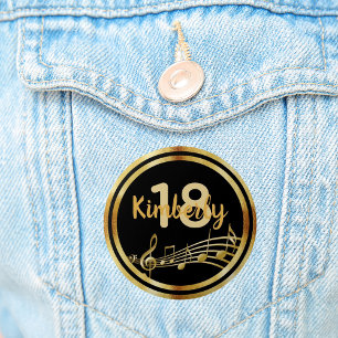 18th birthday gold music notes on stylish black 6 cm round badge