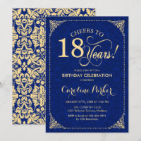18th Birthday - Gold Navy Blue Damask