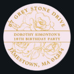 18th Birthday Gold Rose Return Address Label<br><div class="desc">Add a special touch to all your 18th birthday invitation envelopes with this elegant round design. It features a bouquet of gold roses in the centre. Open line art gives it a vintage botanical vibe. The birthday celebrant's name and 18th birthday party are written across the centre. Your address is...</div>