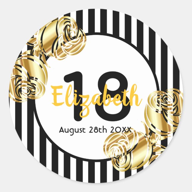 18th birthday gold roses on black white stripes classic round sticker (Front)
