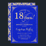 18th Birthday - Gold Royal Blue Damask Invitation<br><div class="desc">18th Birthday Invitation.
Elegant vintage royal blue and faux gold design with damask pattern. Features script font. Cheers to 18 years! Can be personalized into any age! Message me if you need further customization.</div>