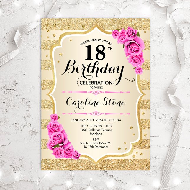 18th Birthday - Gold Stripes Pink Roses Invitation (Creator Uploaded)