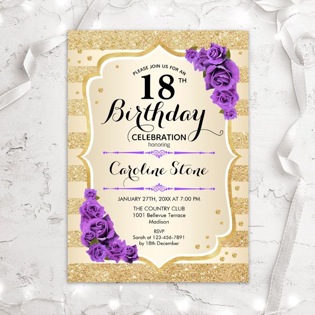 18th Birthday - Gold Stripes Purple Roses Invitation (Creator Uploaded)