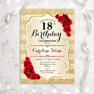 18th Birthday - Gold Stripes Roses Invitation