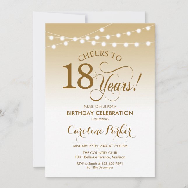 18th Birthday - Gold White Invitation (Front)