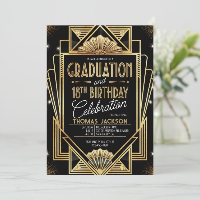 18th Birthday Graduation 1920s Black Gold Scheme Invitation (Standing Front)