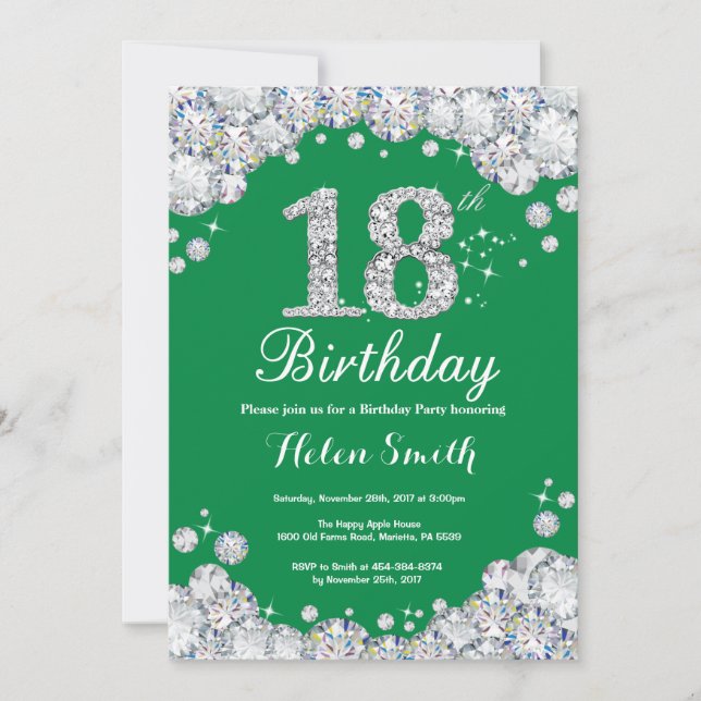 18th Birthday Green and Silver Diamond Invitation (Front)