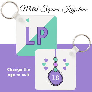 18th birthday initials purple green key ring