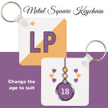 18th birthday initials purple orange key ring<br><div class="desc">Celebrate her 18th Birthday with a beautifully personalised Metal Square Keychain she’ll adore! Sleek and durable, this stylish accessory features her initials in a charming purple and orange design, accented with adorable love hearts for that extra special touch. Perfect for keeping her keys safe while adding a pop of personality...</div>