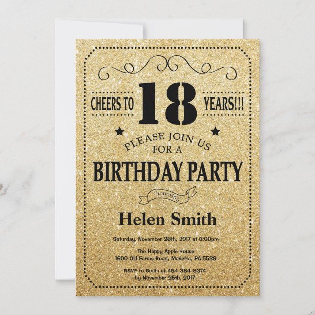 18th Birthday Invitation Black and Gold Glitter (Front)