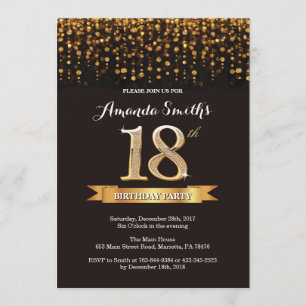18th Birthday Invitation Black and Gold Glitter