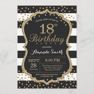 18th Birthday Invitation. Black and Gold Glitter Invitation