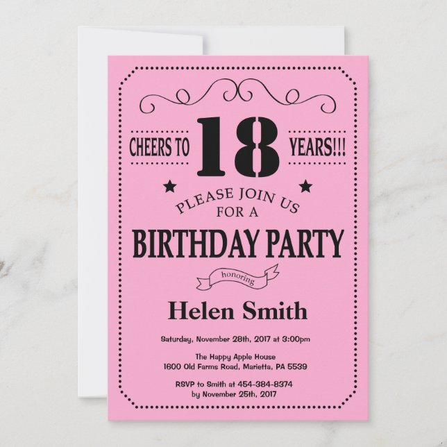 18th Birthday Invitation Black and Pink (Front)