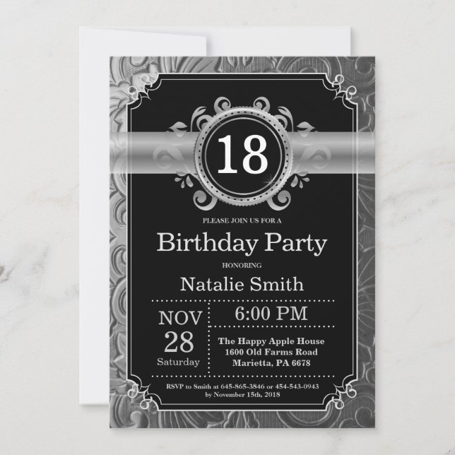18th Birthday Invitation Black and Silver Glitter (Front)