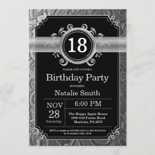 18th Birthday Invitation Black and Silver Glitter