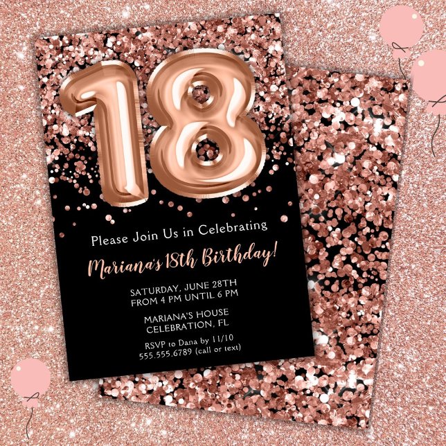 18th Birthday Invitation Black Rose Gold Glitter (Creator Uploaded)