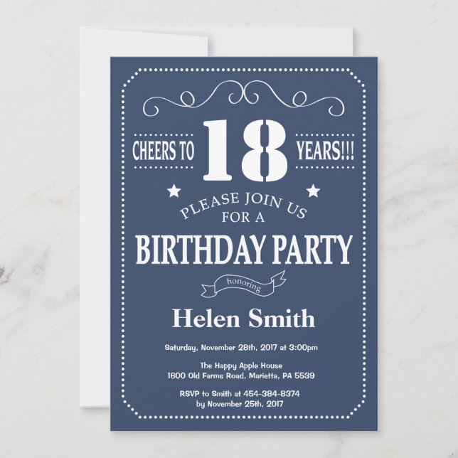 18th Birthday Invitation Blue and White (Front)