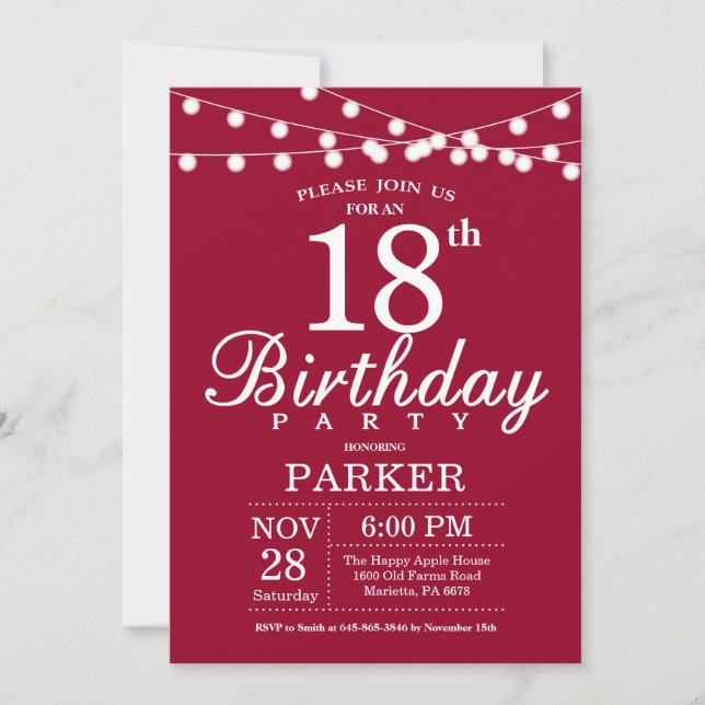 18th Birthday Invitation Burgundy Red (Front)