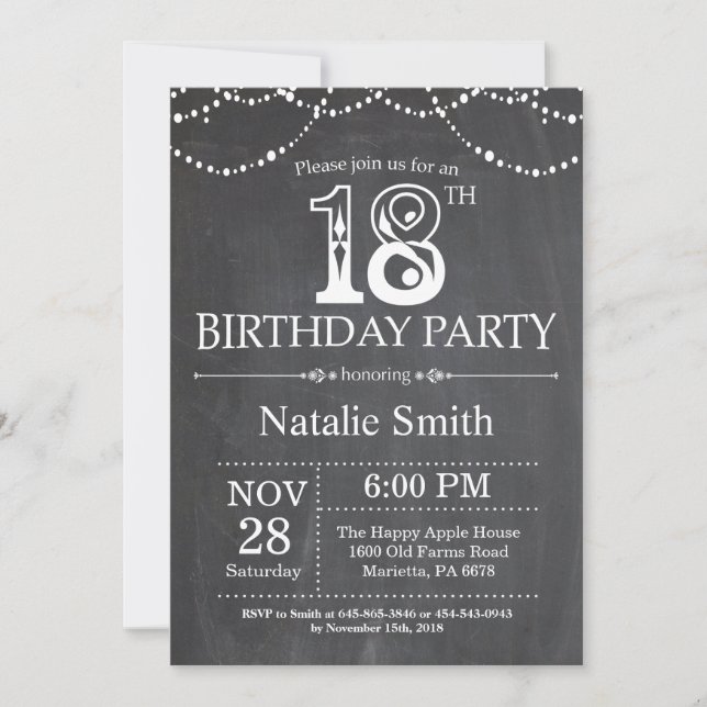 18th Birthday Invitation Chalkboard String Lights (Front)